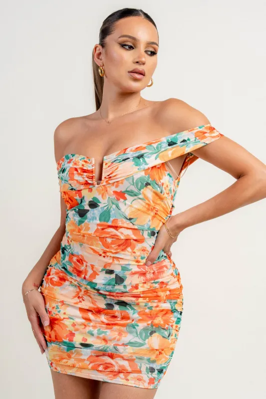 PD79114KST / OFF SHOULDER WIRE INSET RUCHING MINI DRESS sold by privy
