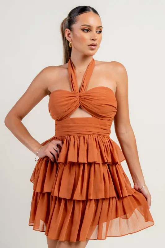HD30052S / YORYU CHIFFON HALTER TIE STRAP NECK LAYERED RUFFLE HEM MINI DRESS sold by privy
