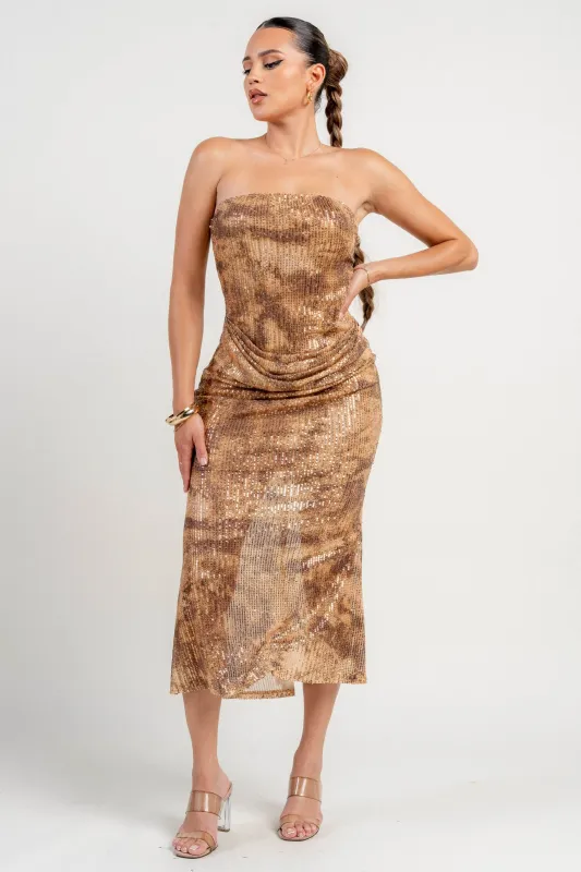 HD30067 / PRINTED MESH SEQUINS STRAPLESS MIDI DRESS sold by privy