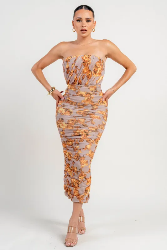 PD78995 / MESH PRINT TUBE WIRE INSIDE RUCHING MIDI DRESS sold by privy