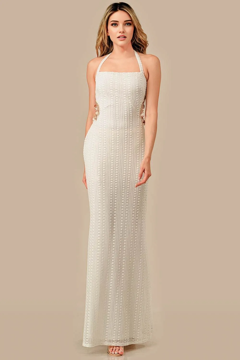 ADKS30176N / CROCHET KNIT WITH SHELL TRIM STRING MAXI DRESS sold by privy