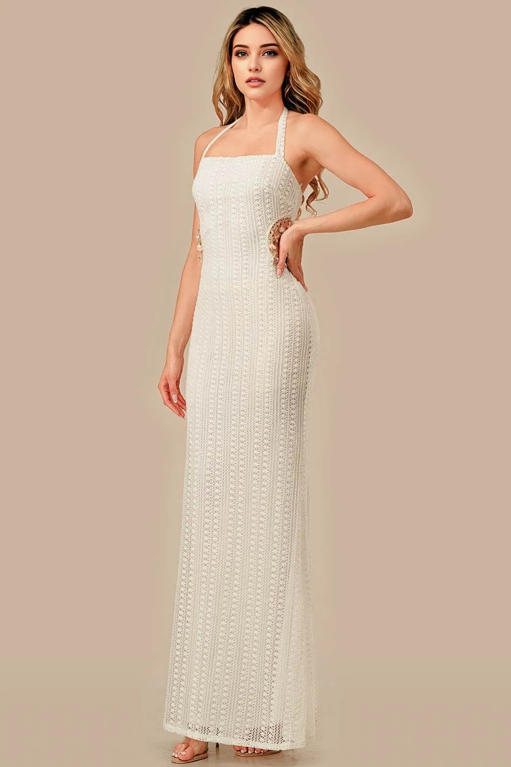 ADKS30176N / CROCHET KNIT WITH SHELL TRIM STRING MAXI DRESS sold by privy product image thumbnail 2