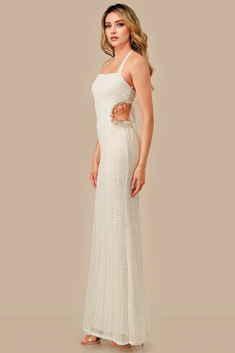 ADKS30176N / CROCHET KNIT WITH SHELL TRIM STRING MAXI DRESS sold by privy product image thumbnail 3