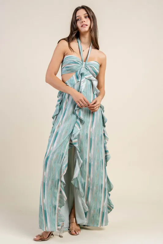 BD13036S / WOVEN PRINT HALTER NECK MAXI DRESS sold by privy