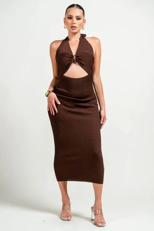 PD79016B / HALTER NECK GOLD TRIM INSET MIDI KNIT DRESS sold by privy