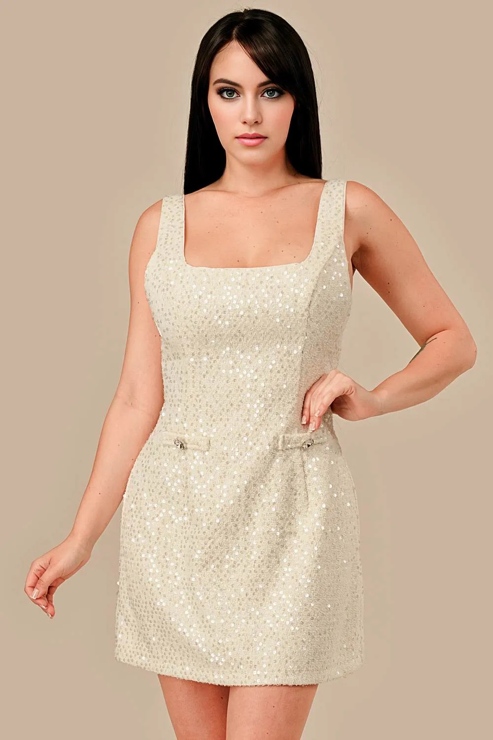 AD30333N / SQUARE NECK TWEED SEQUIN W/ ORGANZA MINI DRESS sold by privy