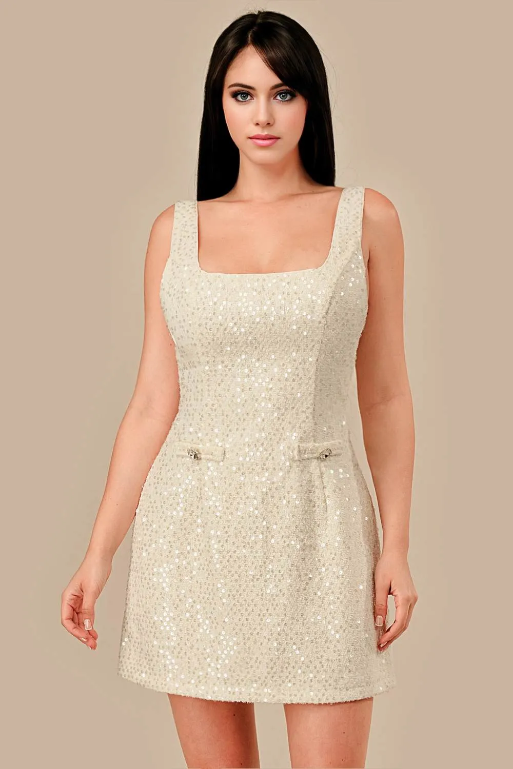 AD30333N / SQUARE NECK TWEED SEQUIN W/ ORGANZA MINI DRESS sold by privy product image thumbnail 5