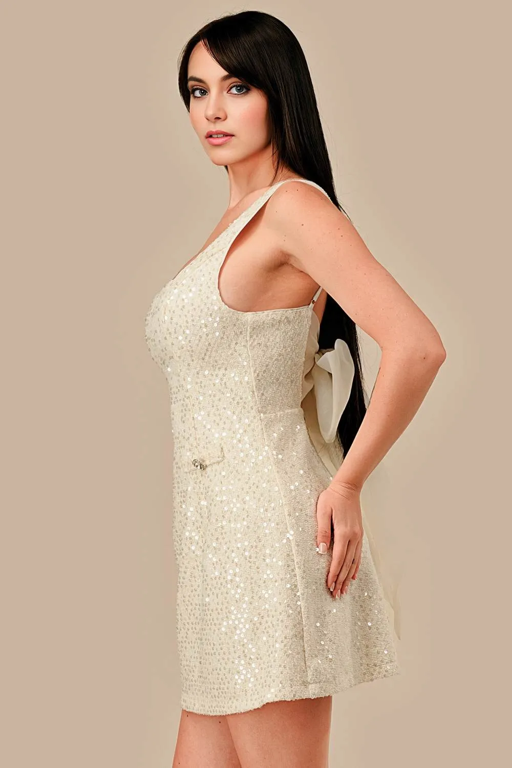 AD30333N / SQUARE NECK TWEED SEQUIN W/ ORGANZA MINI DRESS sold by privy product image thumbnail 3