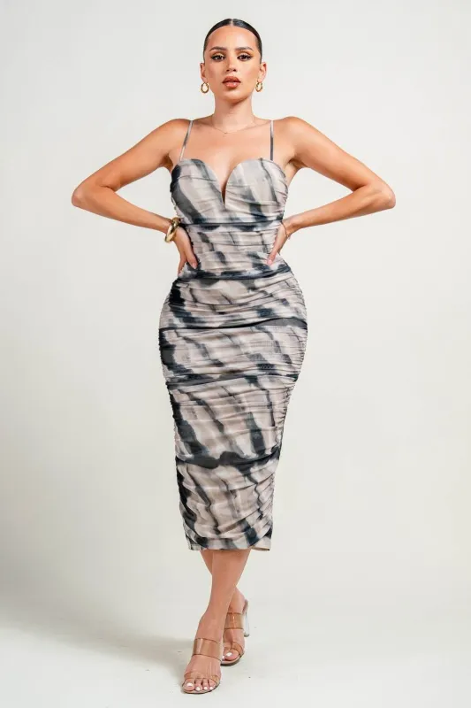 PD79085NST / V WIRE INSET RUCHING MIDI DRESS sold by privy