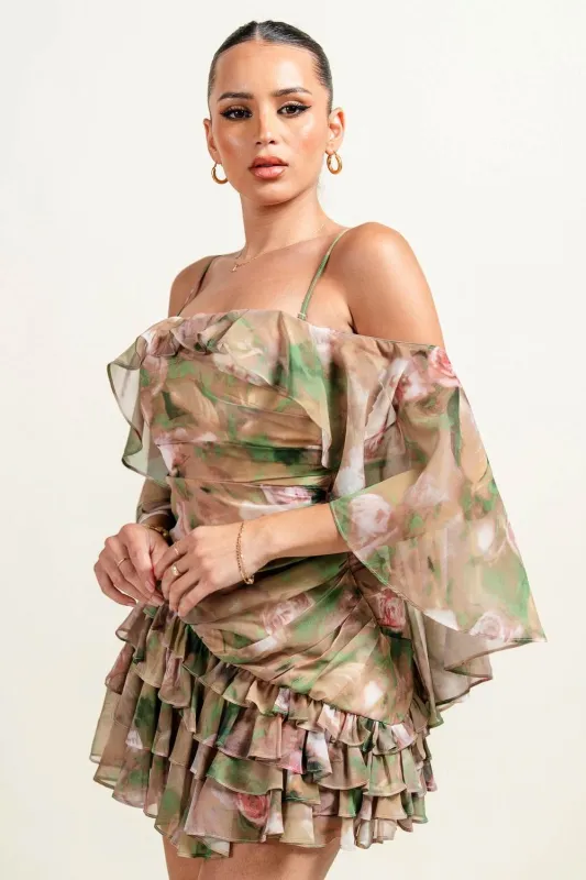 HD30203SST / OFF-SHOULDER RUED PRINT MINI DRESS sold by privy