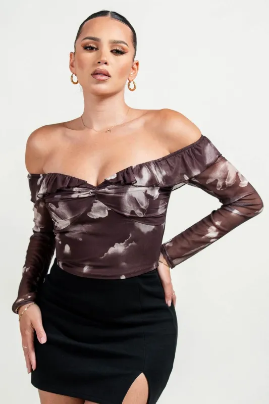 PT45441S / MESH PRINT RUFFLE OFF SHOULDER TWIST FRONT DETAIL LONG SLEEVE TOP sold by privy