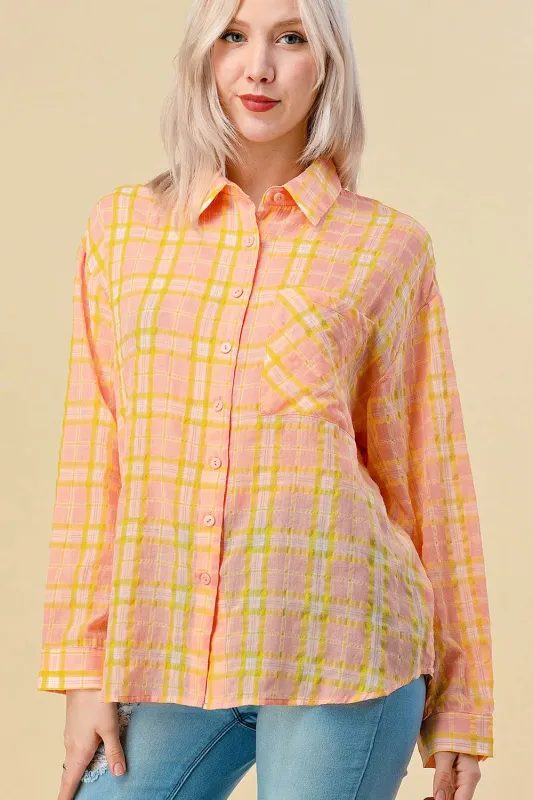 BT1557K / TRENDY PLAID PRINT LONG SLEEVE TOP made by privy