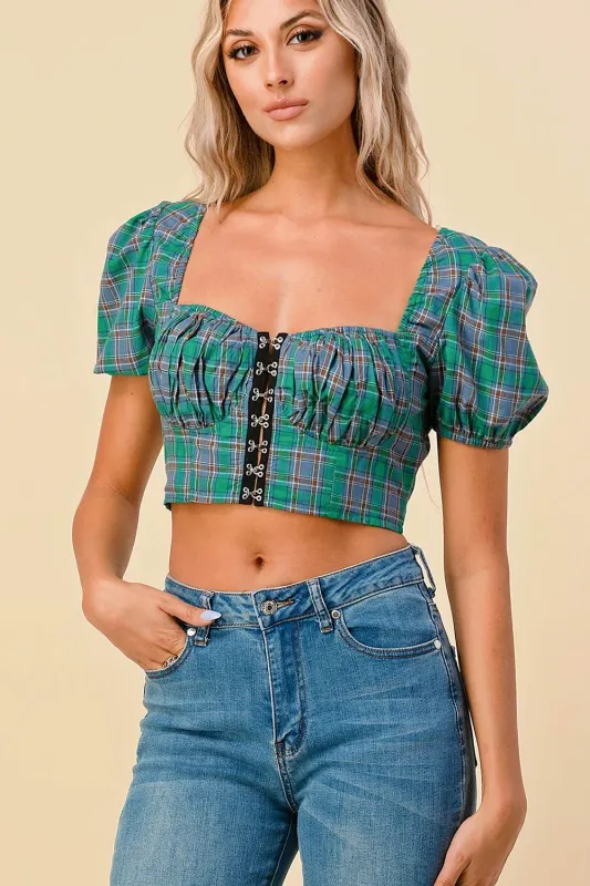 BT1076E / PLAID SMOCKED HOOKED RUCHED BUBBLE CROP TOP sold by privy