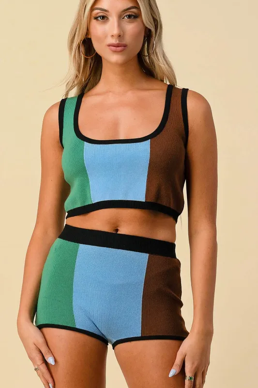BS3009C / TRENDY COLOR BLOCK TOP AND SHORT SET made by privy