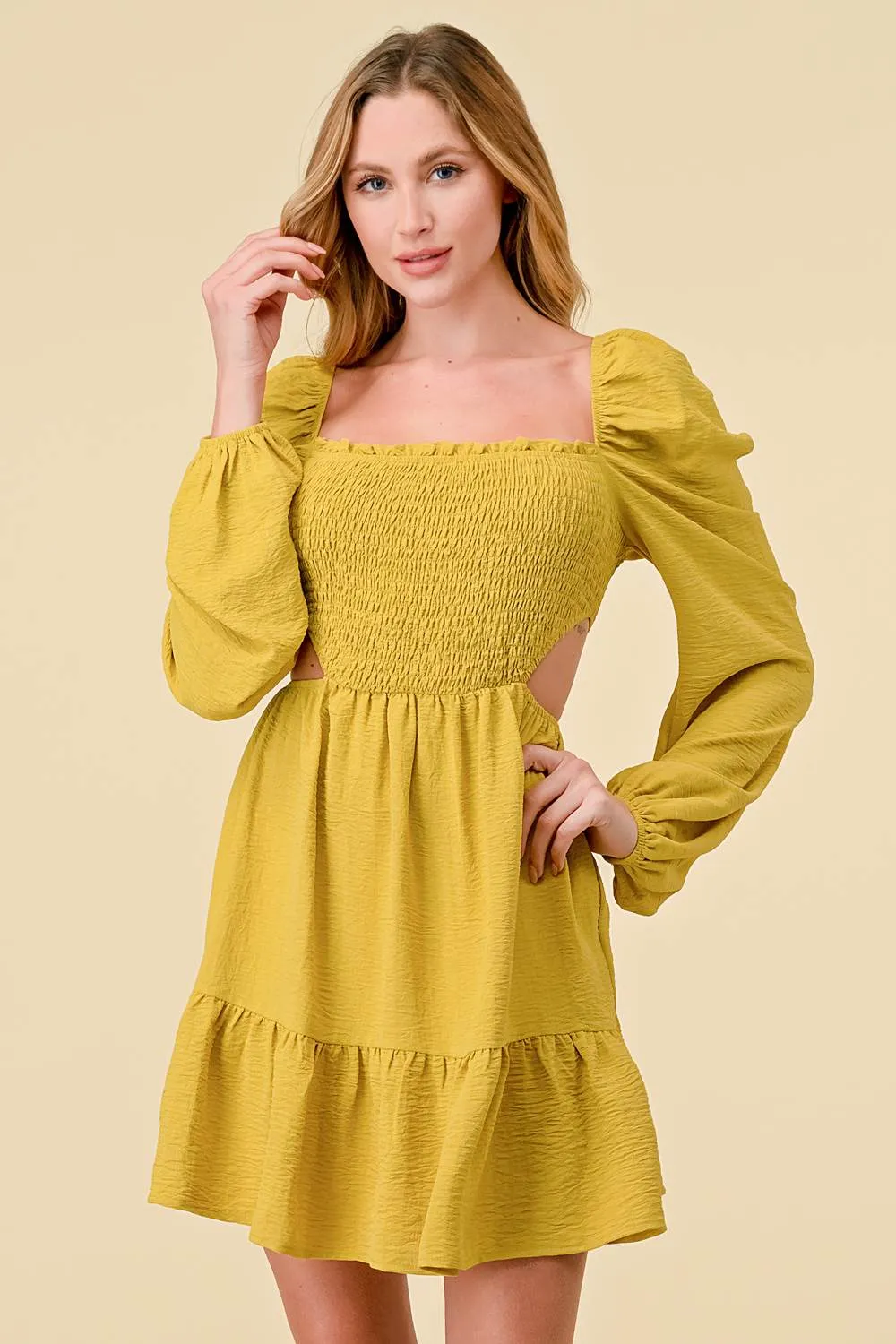 BD10352K / TEXTURED STRETCH WOVEN SMOCKING RUFFLED MINI DRESS sold by privy product image thumbnail 2