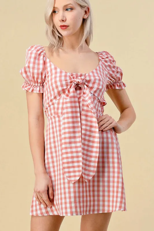 BD10084H / TRENDY RUFFLED BOW DETAIL W/ PUFF SLEEVE MINI DRESS made by privy