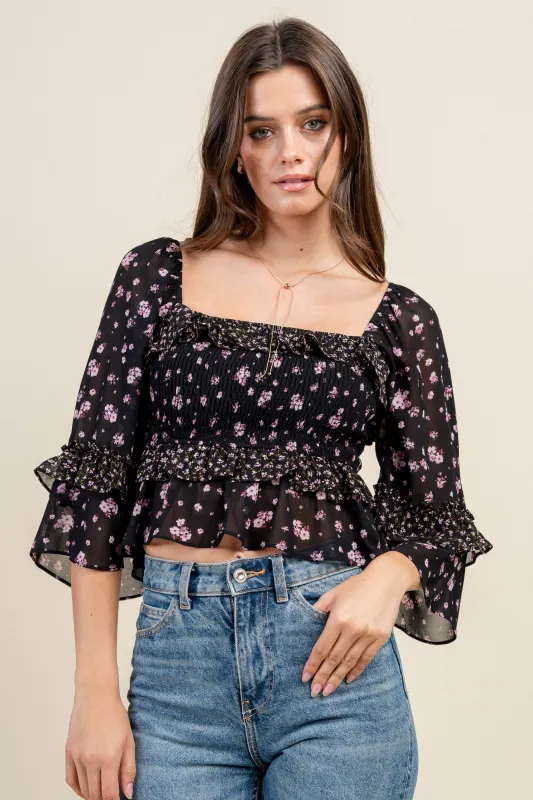BT3356K / PEPLUM SMOCKED TOP W/ BELL SLEEVES sold by privy