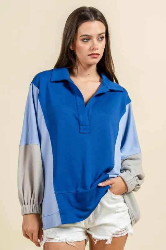 BT3342S / Relaxed Fit Colorblock Collared Pullover Top made by privy