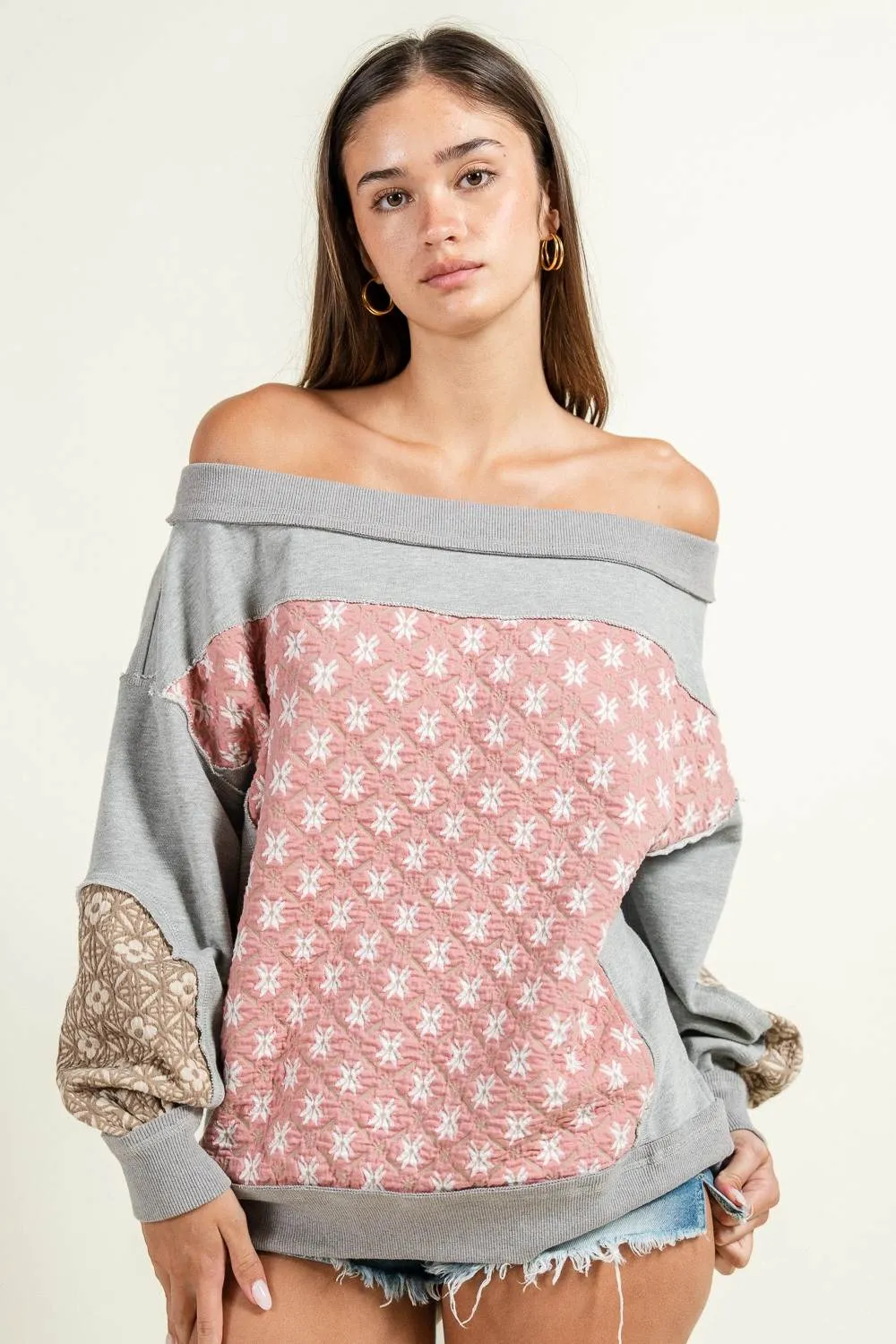 CT10563Y / Boho Patchwork Off-Shoulder Sweatshirt sold by privy