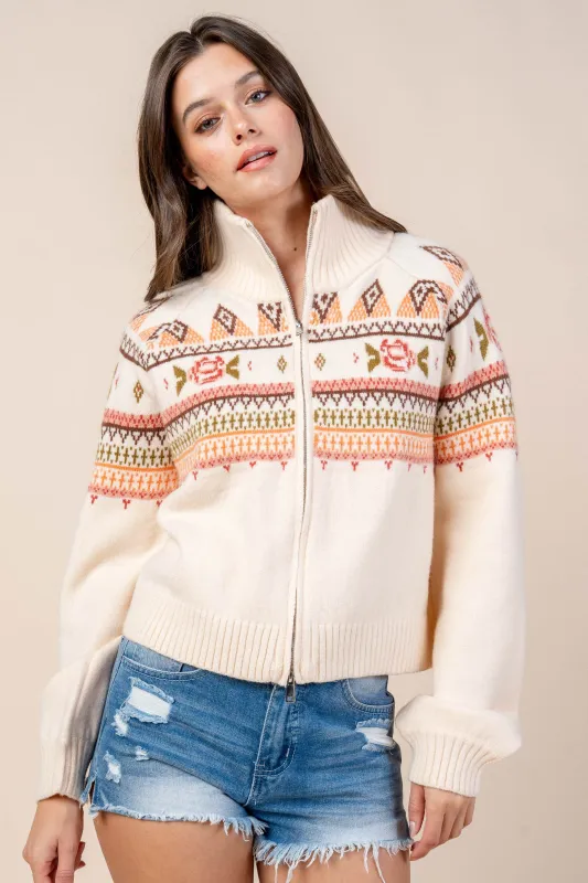CG60077B / Retro Soft Knit Zip-Up Sweater with Geometric Borders sold by privy