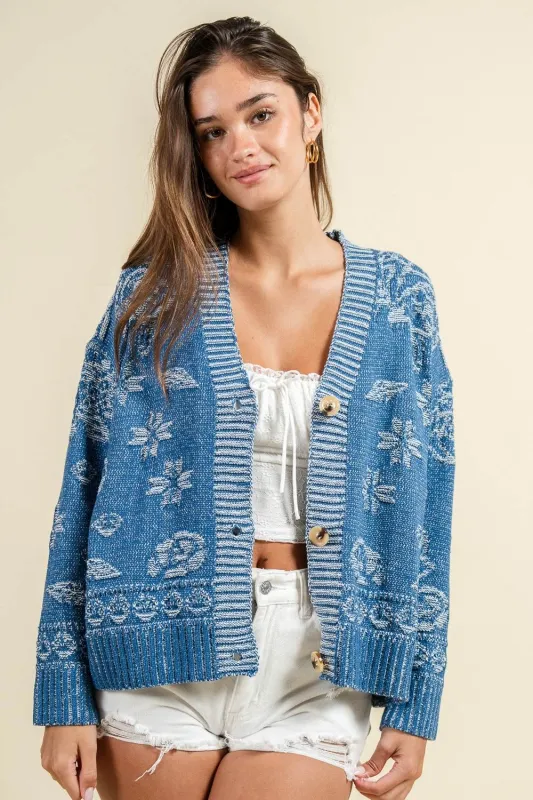 BG5406B / Vintage Thick textured Floral Knit Cardigan sold by privy