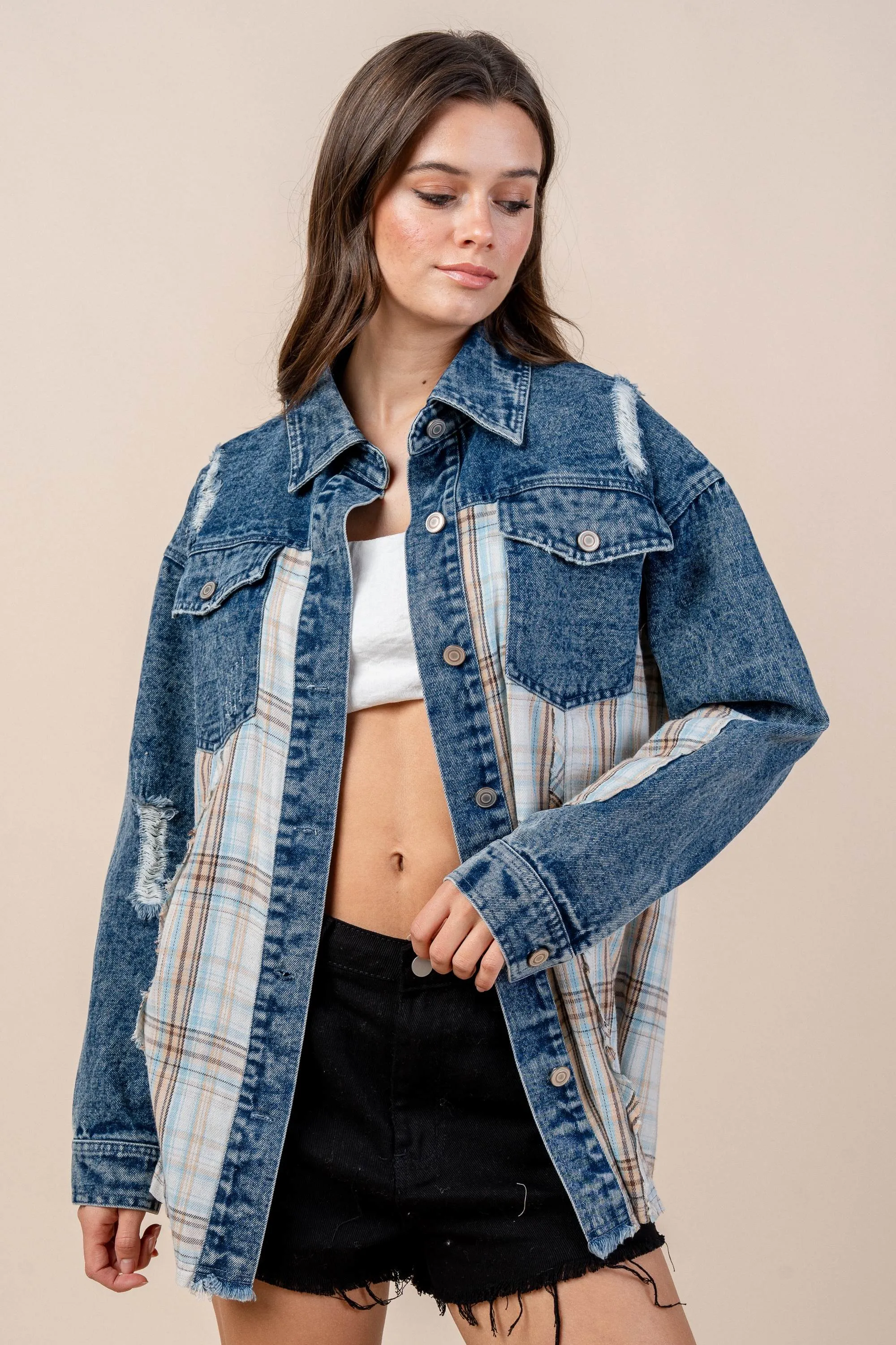 CG60093E / PLAID MIX DENIM JACKET sold by privy
