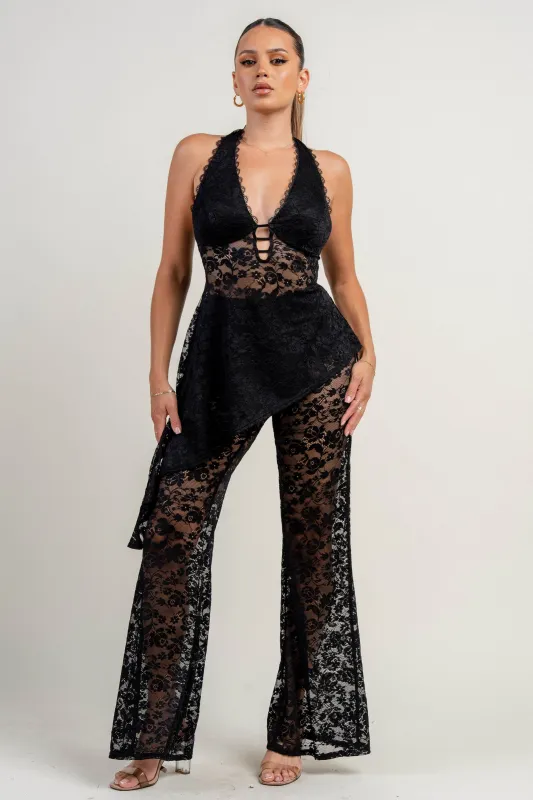 PS9815 / HALTER NECK DEEP PLUNGE ASYMMETRICAL HEM TOP FLARE PANTS sold by privy