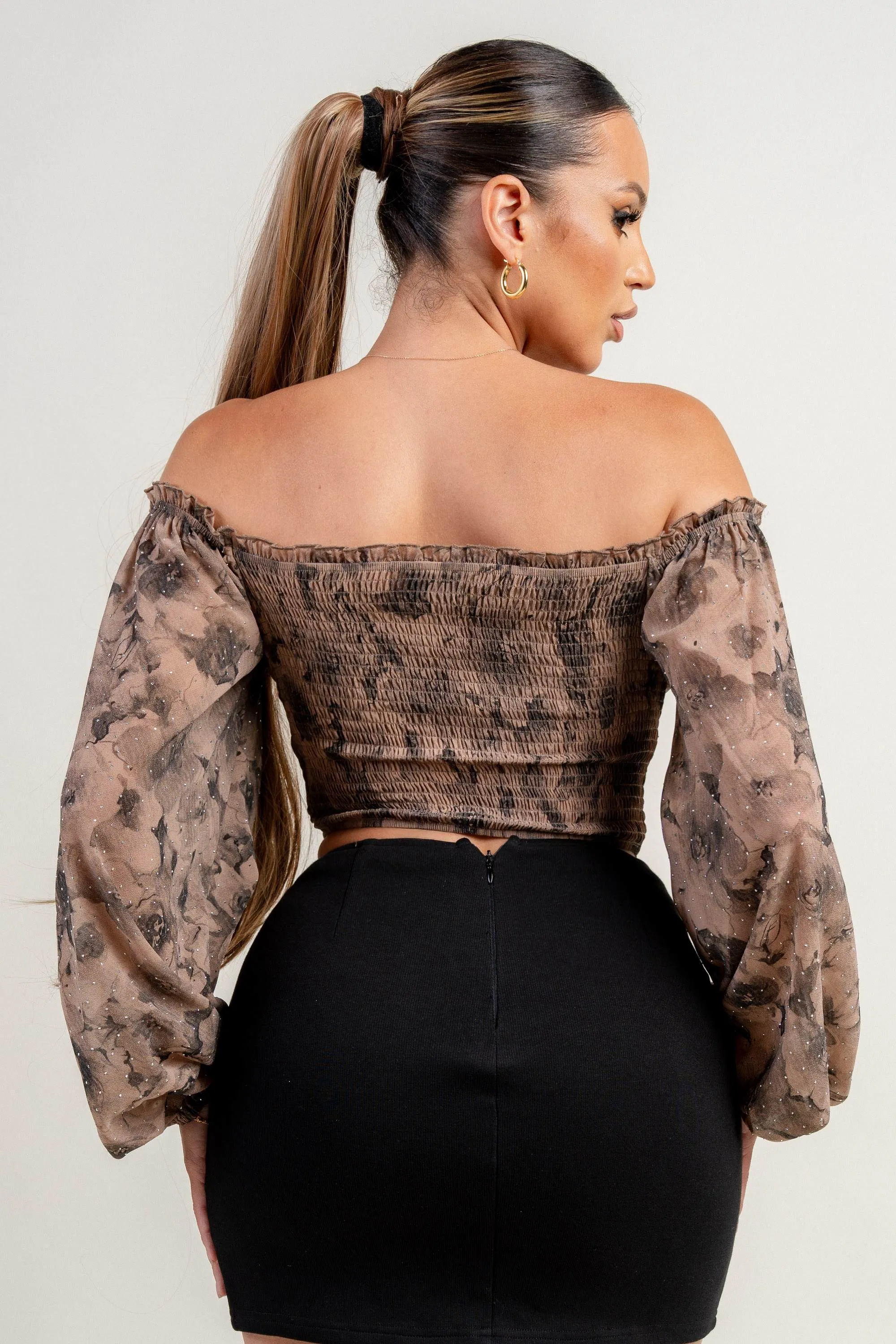 PT45491K / RUFFLE OFF SHOULDER LONG S/V FRONT TIE SMOCKED BACK TOP sold by privy product image thumbnail 3