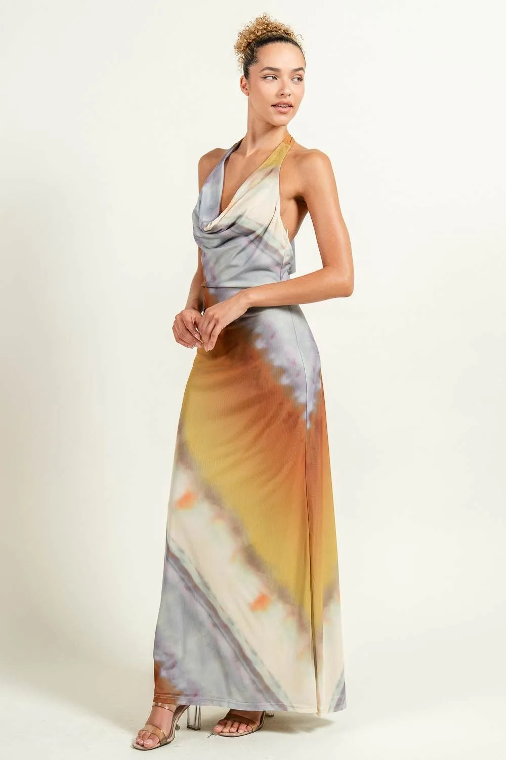 PD79116EST / MOCK NECK COWL FRONT BACK SCARF ATTACHED MAXI DRESS sold by privy