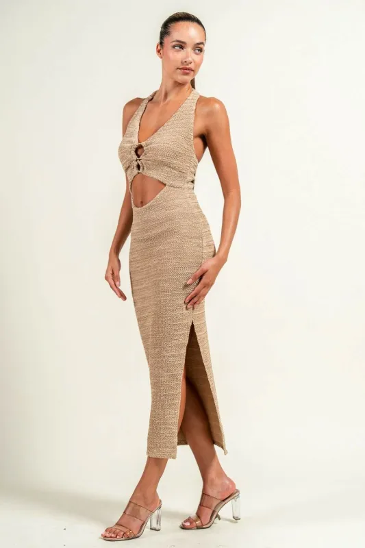 HD30224E / PATTERN KNIT W/ TRIM HALTER MIDI DRESS sold by privy