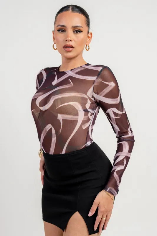 PTKS45387N / MESH PRINT LONG SLEEVE BODYSUIT sold by privy