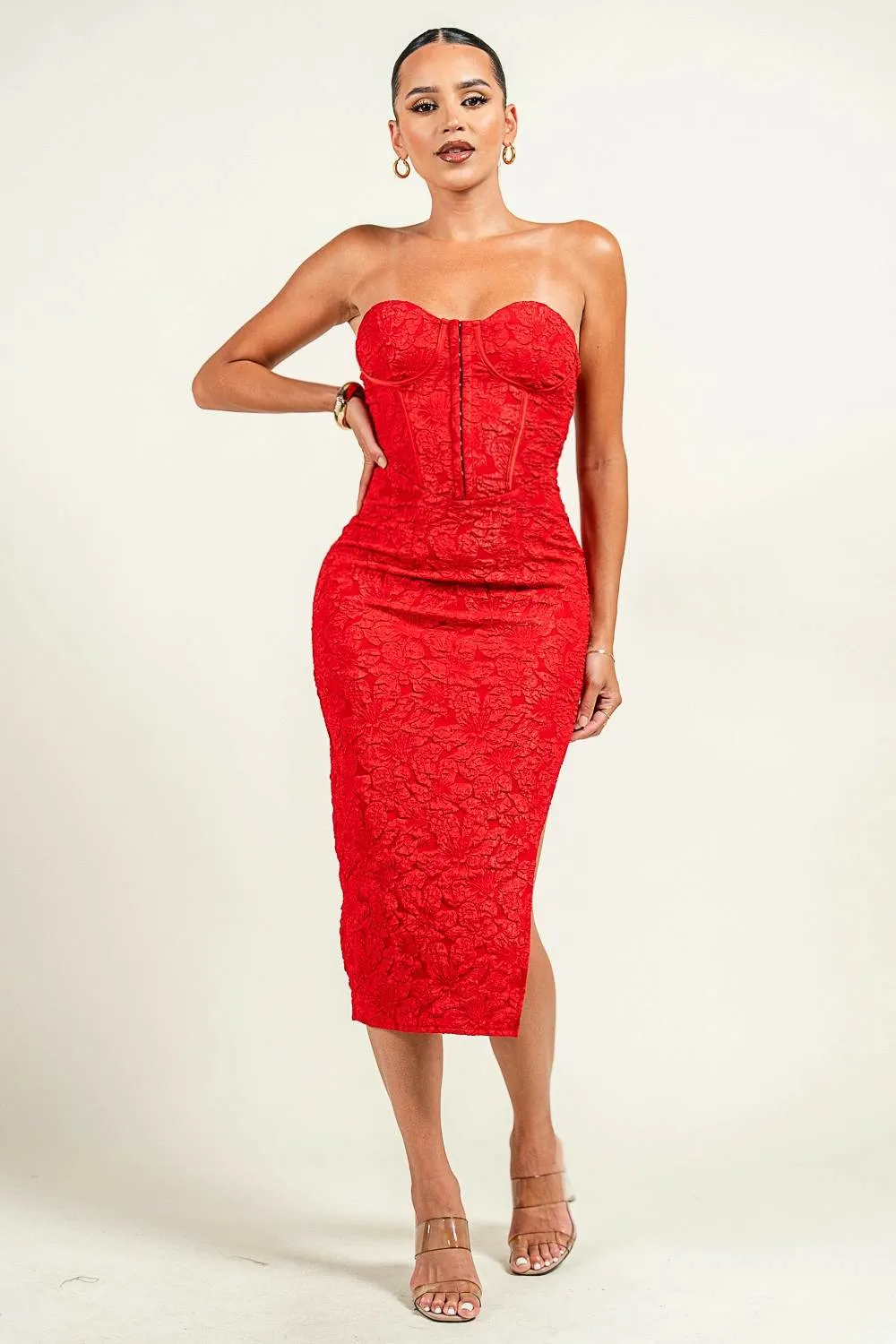 PD78986NST / FLORAL JACQUARD KNIT TUBE MIDI DRESS sold by privy product image thumbnail 4