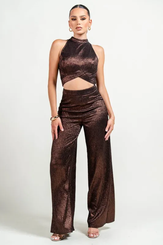 PS9817STP / MOCKNECK BACK TIE TOP & BACK ZIPPER WIDE LEG PANTS made by privy
