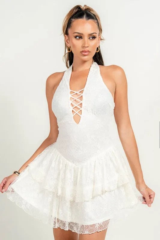HD30261E / METALLIC LACE HALTER RUFFLE MINI DRESS sold by privy