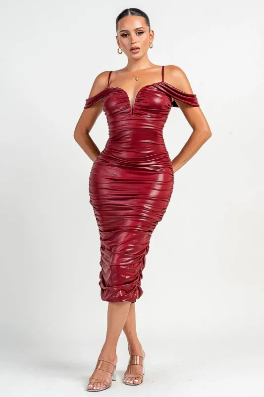 PD79276NST / OFF SHOULDER V WIRE INSET BACK SLIT MIDI DRESS sold by privy