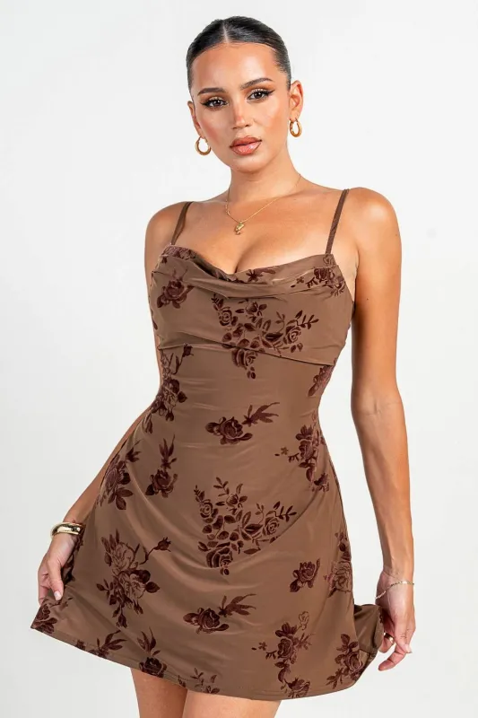 PD79279B / BUSTIER COWL NECK SPGT STRAP FLARE MINI DRESS sold by privy