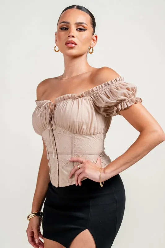 HT4050K / SHINY CIFFON W/ LACE OFF SHOULDER TOP sold by privy