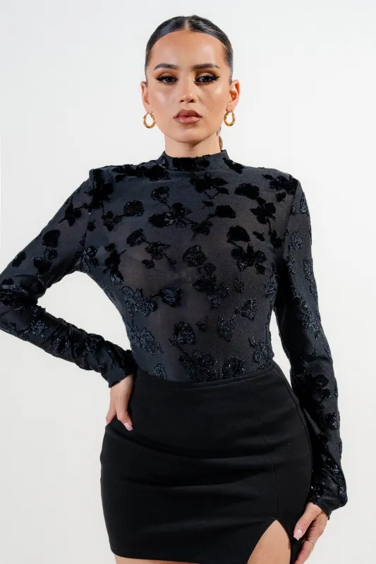 PT45434K / MESH METALLIC BURNOUT KNIT MOCK NECK BODYSUIT sold by privy