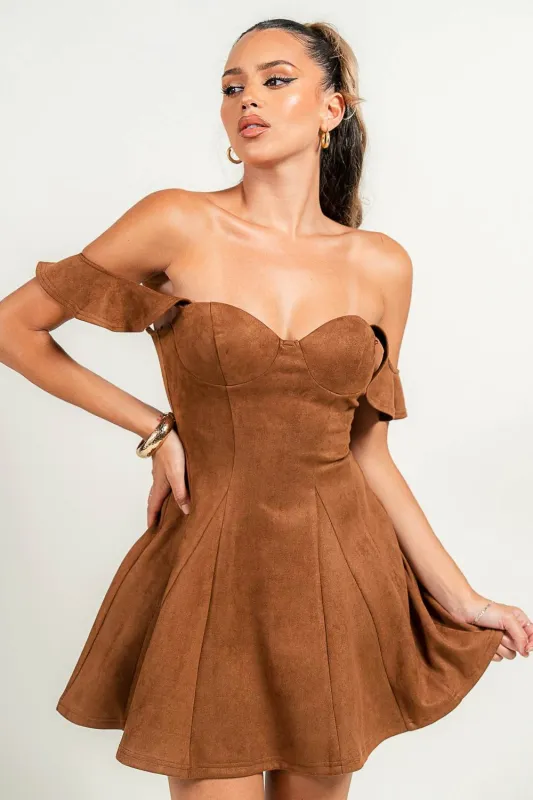 PD79236B / OFF SHOULDER BUSTIER FLARE MINI DRESS sold by privy