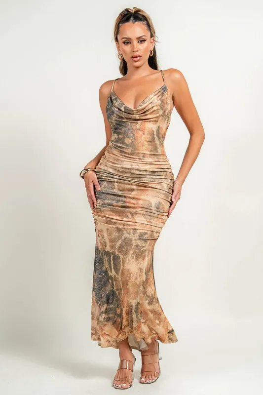 HD30328K / DEEP PLUNGE HALTER NECK RUCHED A-LINE MIDI DRESS sold by privy