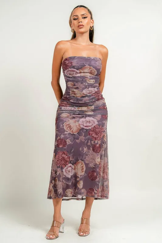 PD79189K / MESH PRINT TUBE RUCHING MIDI DRESS sold by privy