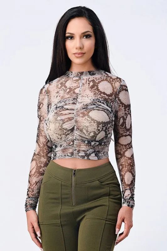 TRENDY SNAKE PRINT MESH LONG SLEEVE TOP sold by privy