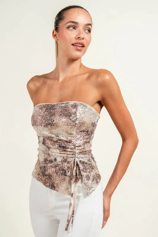 HT4117KST / STRAPLESS PRINT SEQUINS TOP sold by privy