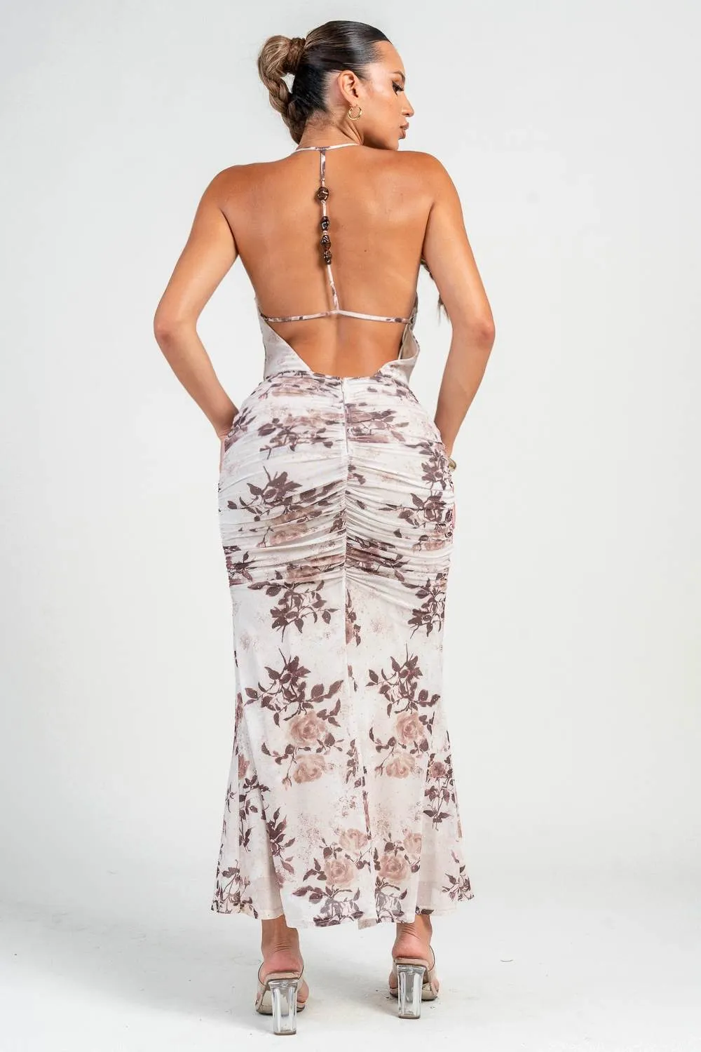 HD30331NST / DEEP PLUNGE HALTER NECK RUCHED A-LINE MIDI DRESS sold by privy product image thumbnail 3