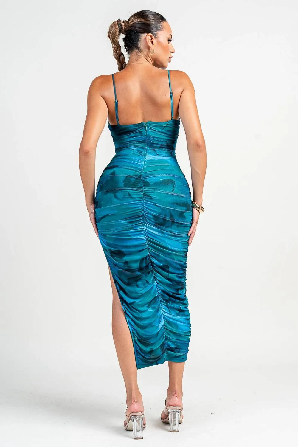 PD79284N / SPAGTTI STRAP BUSTIER SIDE SLIT RUCHING MAXI DRESS sold by privy product image thumbnail 3