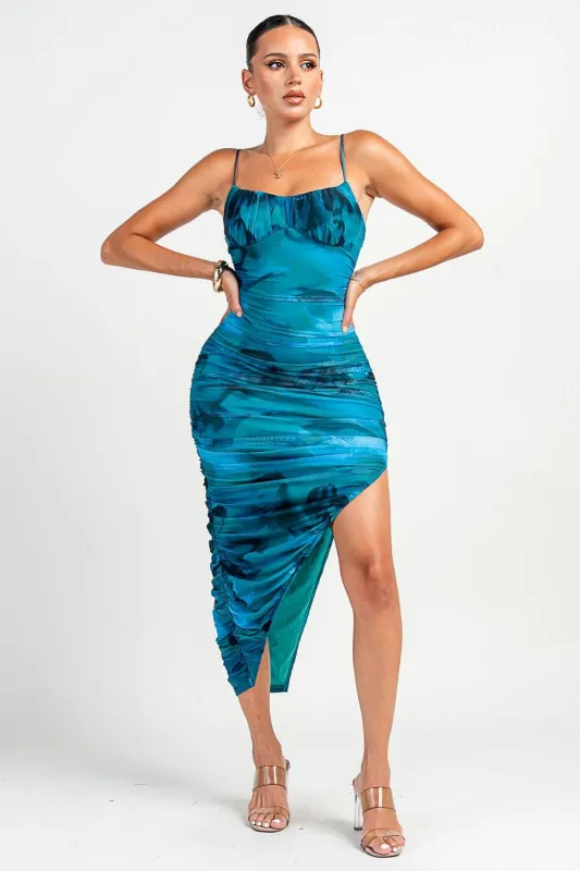 PD79284N / SPAGTTI STRAP BUSTIER SIDE SLIT RUCHING MAXI DRESS sold by privy