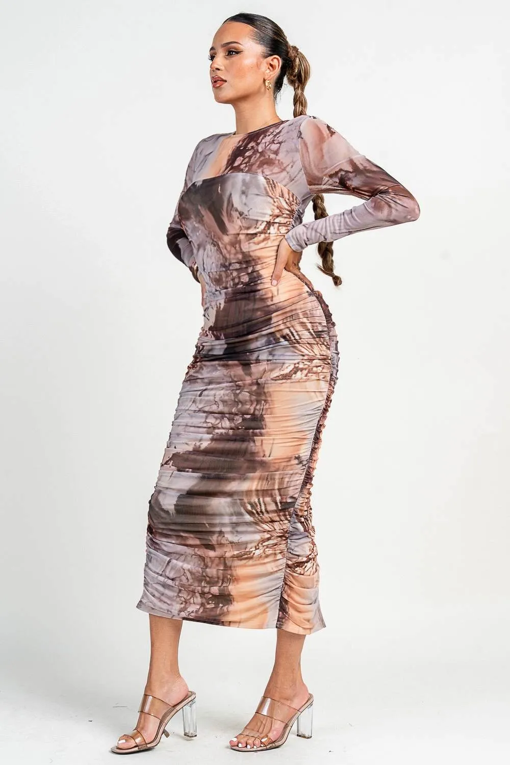 PD79320KST / ROUND NK LONG SLV RUCHING MIDI BODYCON sold by privy