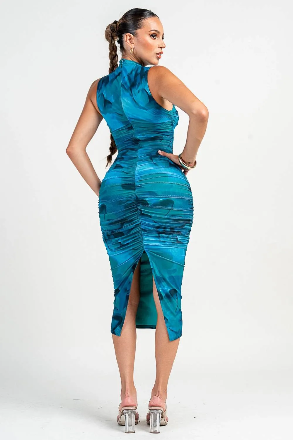 PD79283N / MOCK NK S/V LESS BACK SLIT RUCHING MIDI DRESS sold by privy product image thumbnail 3