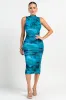 PD79283N / MOCK NK S/V LESS BACK SLIT RUCHING MIDI DRESS sold by privy