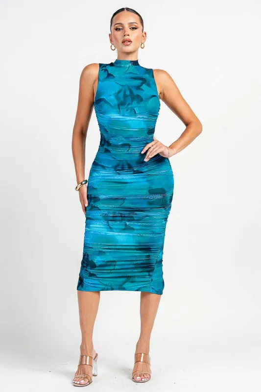 PD79283N / MOCK NK S/V LESS BACK SLIT RUCHING MIDI DRESS sold by privy
